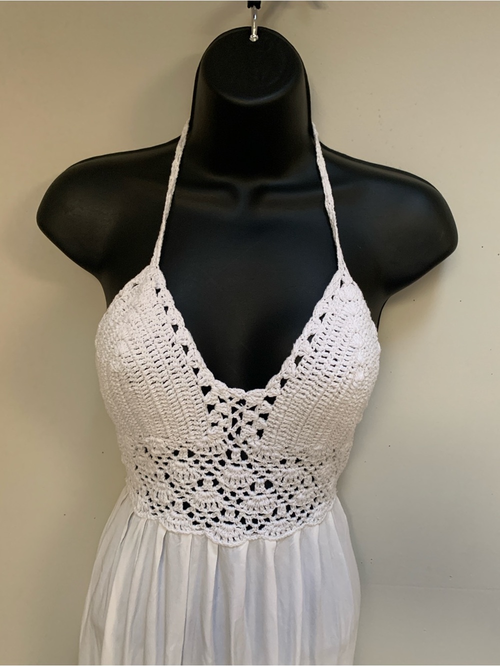 White Maxi Dress with Crotchet Halter Top Open Back Sz S Boho Beach Festival